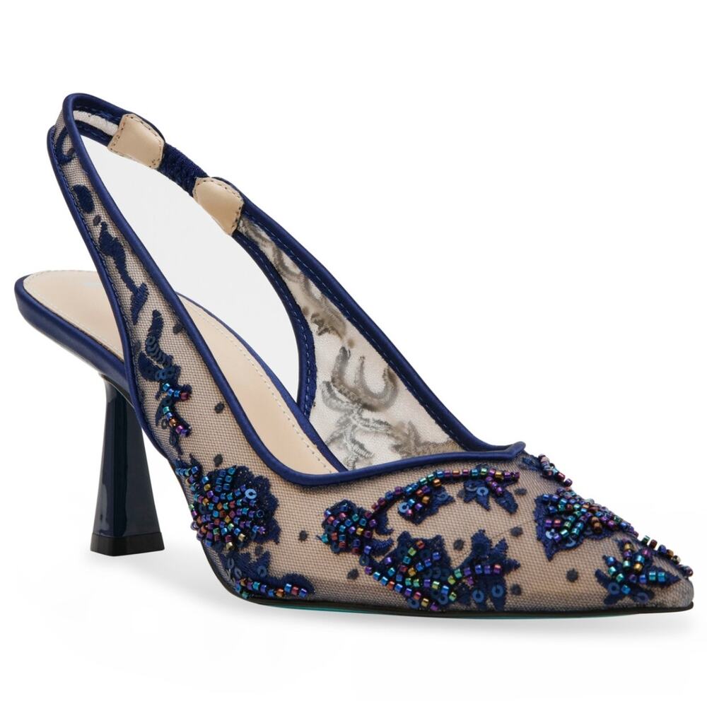 Blue Betsey Johnson Womens Nikki High Heels Size 7 Navy Blue Lace Sling Back NIB